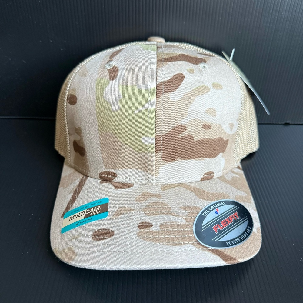 NWT Flexfit 6511 Trucker Mesh Baseball Cap Blank Hat Flex Fit Arid Tan Camo